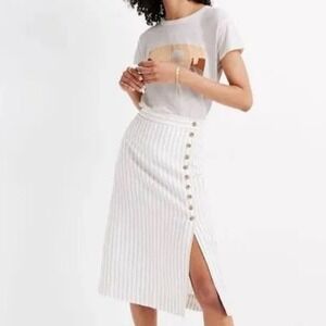 Madewell Striped Button Front Midi Skirt White Blue Linen Blend Size 12
